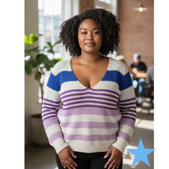 Lane Bryant Ivory Blue Purple Stripe V Neck Cotton Sweater Woman's Plus 22 24 3X - Picture 1 of 11